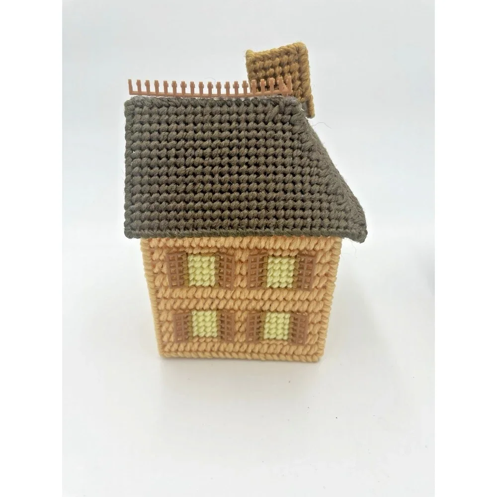 Vtg 70s Handmade Yarn Needlepoint Completed‎ 2 Cottage Houses Plastic Canvas